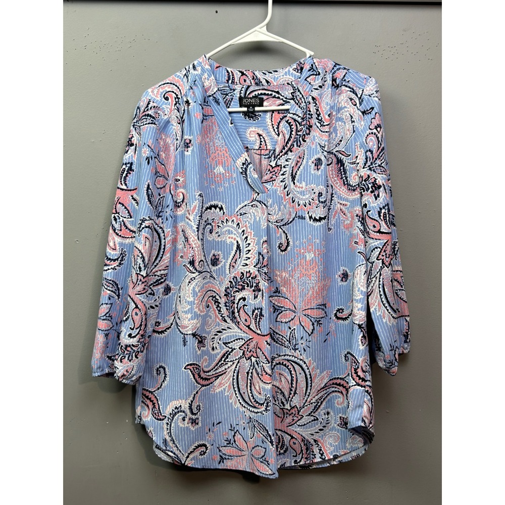 Jones New York Womens Medium Blue Pink Paisley V-Neck 3/4 Sleeve Blouse Top